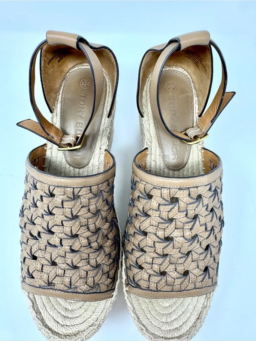 Tory Burch Almond Basketweave Leather Espadrille Wedge Sandals Ankle Strap 9.5